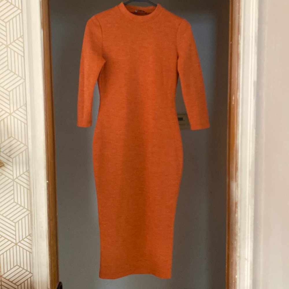 Lulus Connelly orange Ribbed Long Sleeve Bodycon Midi Dress